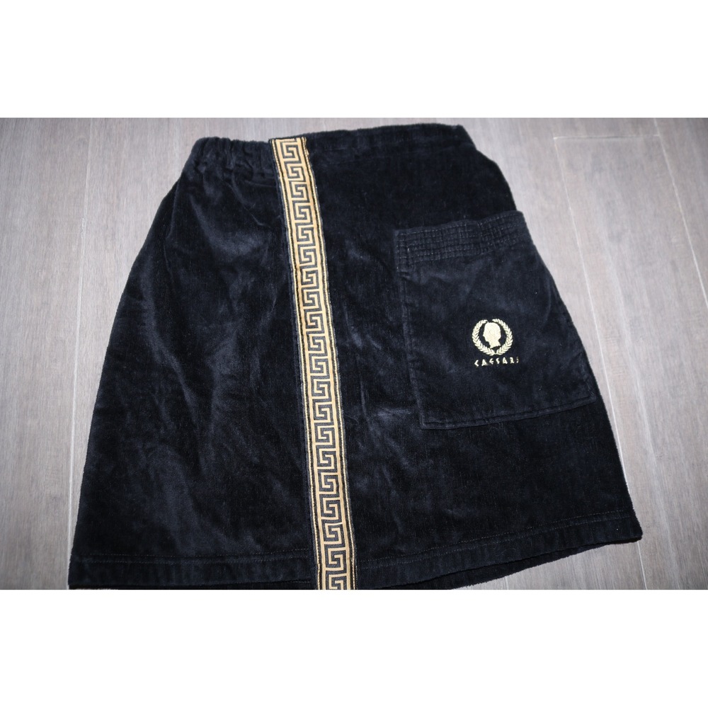 Vintage Caesars Palace Black Cotton Velour Spa Wrap Greek Key Gold Trim One Size